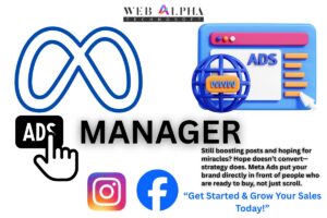 Meta Ads Manager services for Facebook and Instagram advertising, showing Meta logo, Ads Manager text, social media icons, and digital marketing visuals promoting sales growth and online advertising