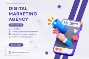 Digital marketing agency poster showcasing local SEO, online community management, interactive content marketing and voice search optimization services by Web Alpha Technosoft